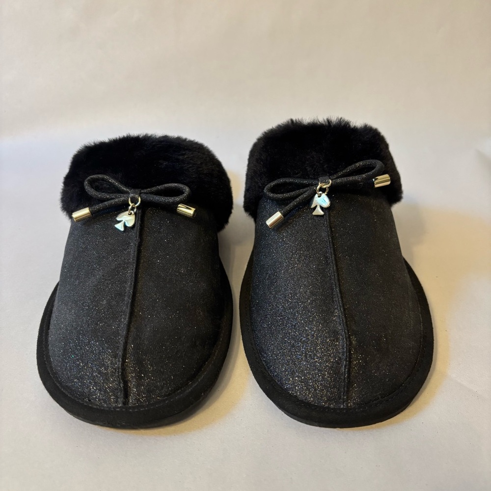 Kate Spade Black Faux Fur Glitter Slippers Size 9B - Picture 2 of 12